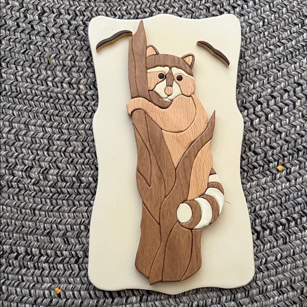 Handcrafted Wooden Intarsia Raccoon wall plaque art